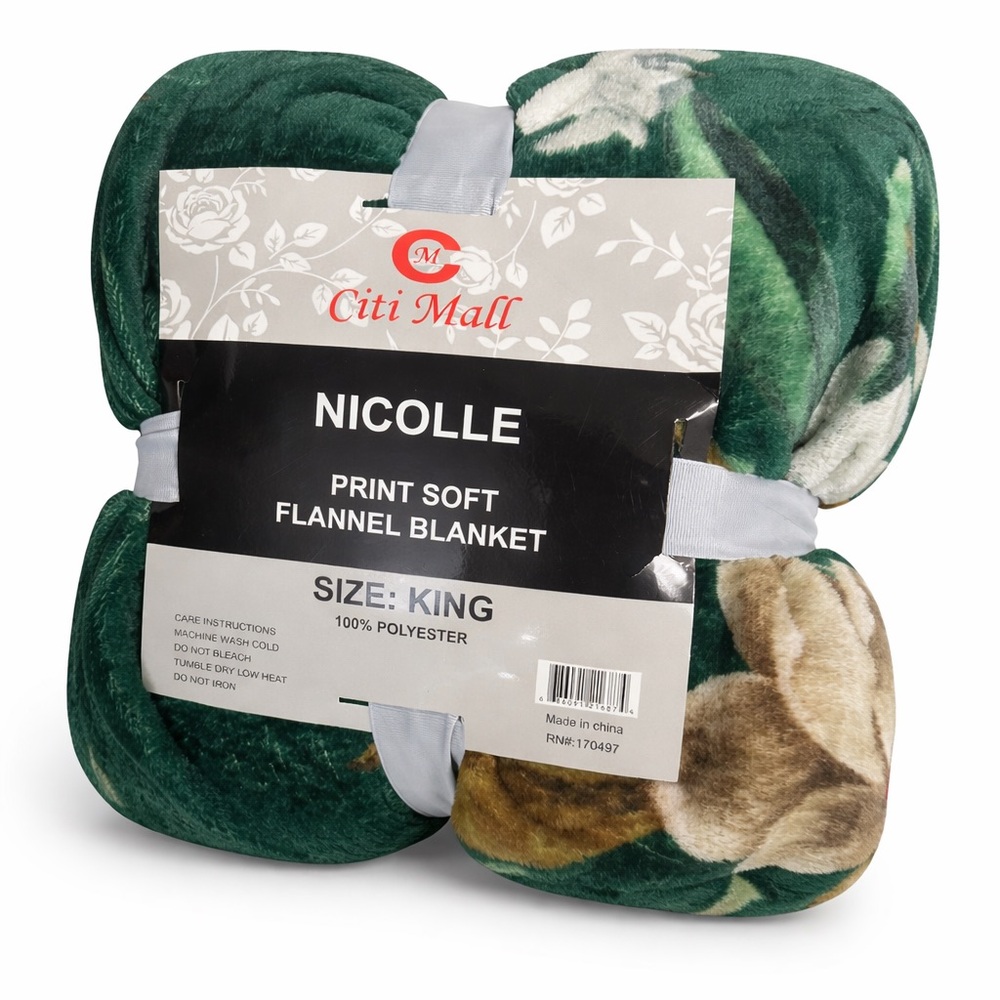 Nicole Green Floral Flannel Blanket - King Size